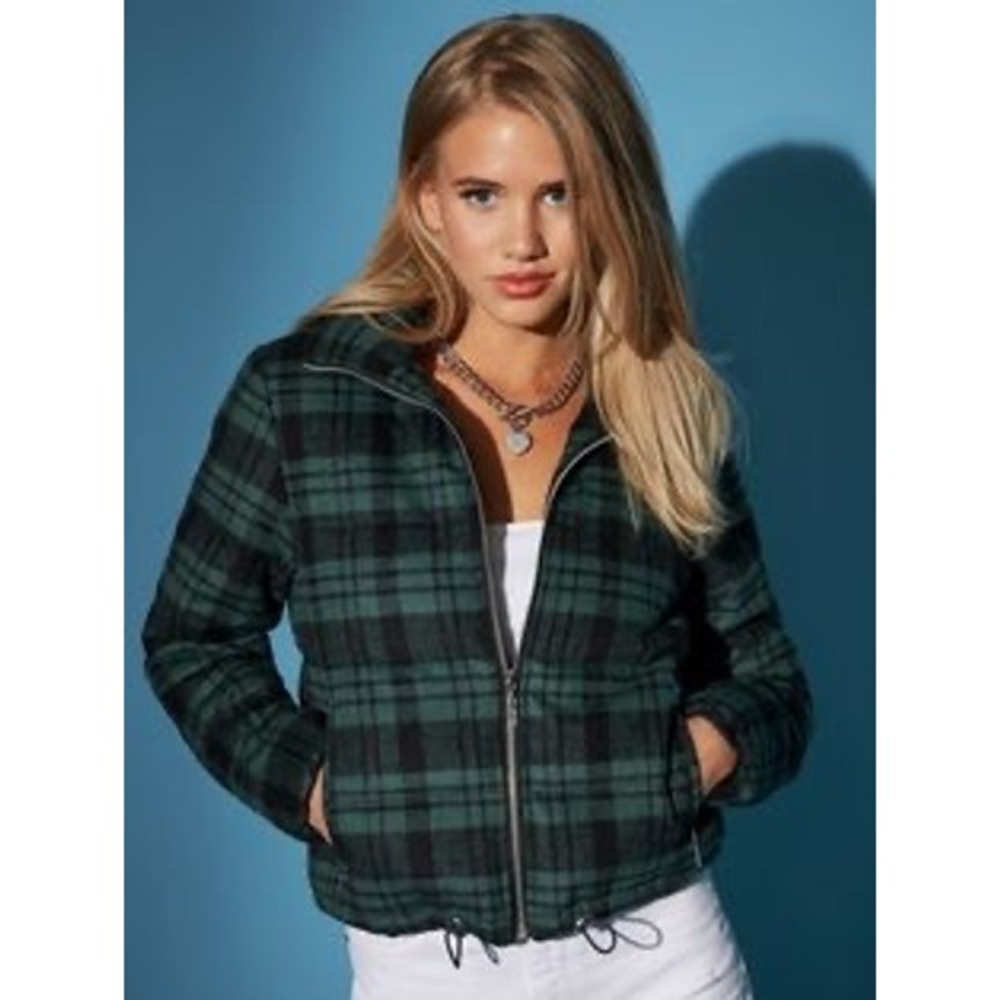 Guess Puffer Jacket Women XS Green Black Plaid Funnel Neck Quilted Flannel